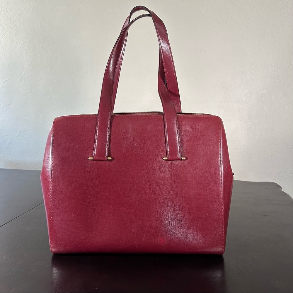 Authentic Vintage Cartier Handbag Totebag Red Bordeaux Leather